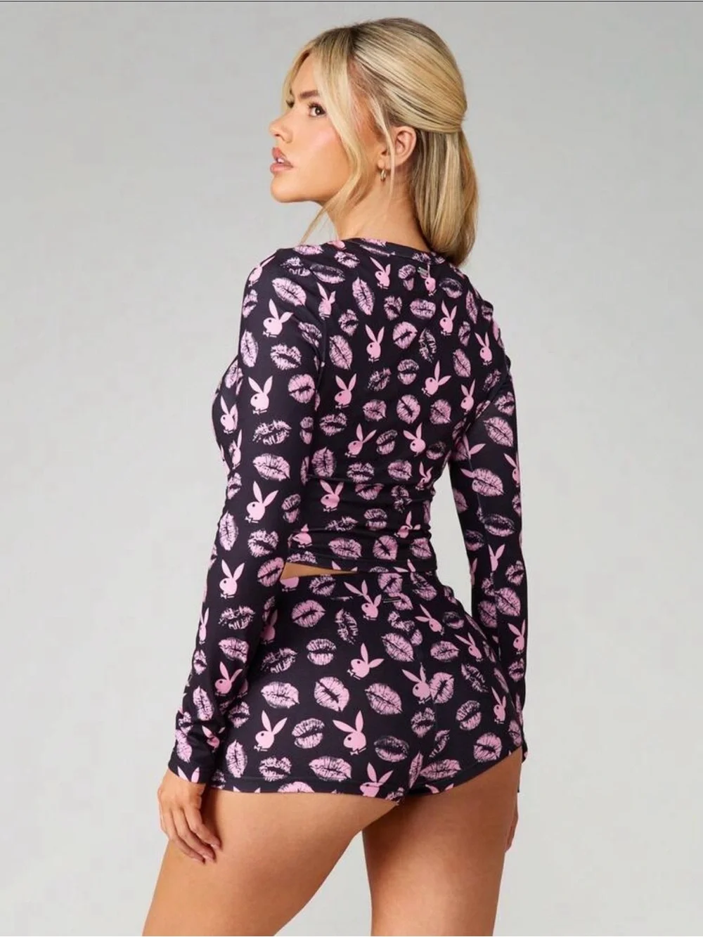 PLAYBOY Black and Pink Long-Sleeve Crop Top & Shorts Sleep Set